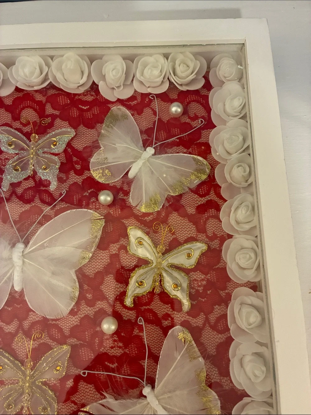Hand Crafted White Butterfly Shadow Box Frame with Red Lace Backing